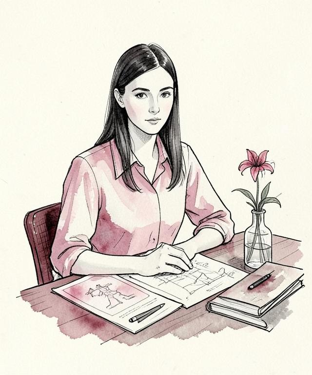Illustrated sketch of Lilly drafting at her desk beside a spider lily