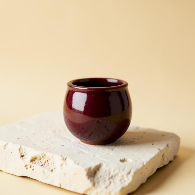 Wine-red glazed ceramic vessel on a stone slab